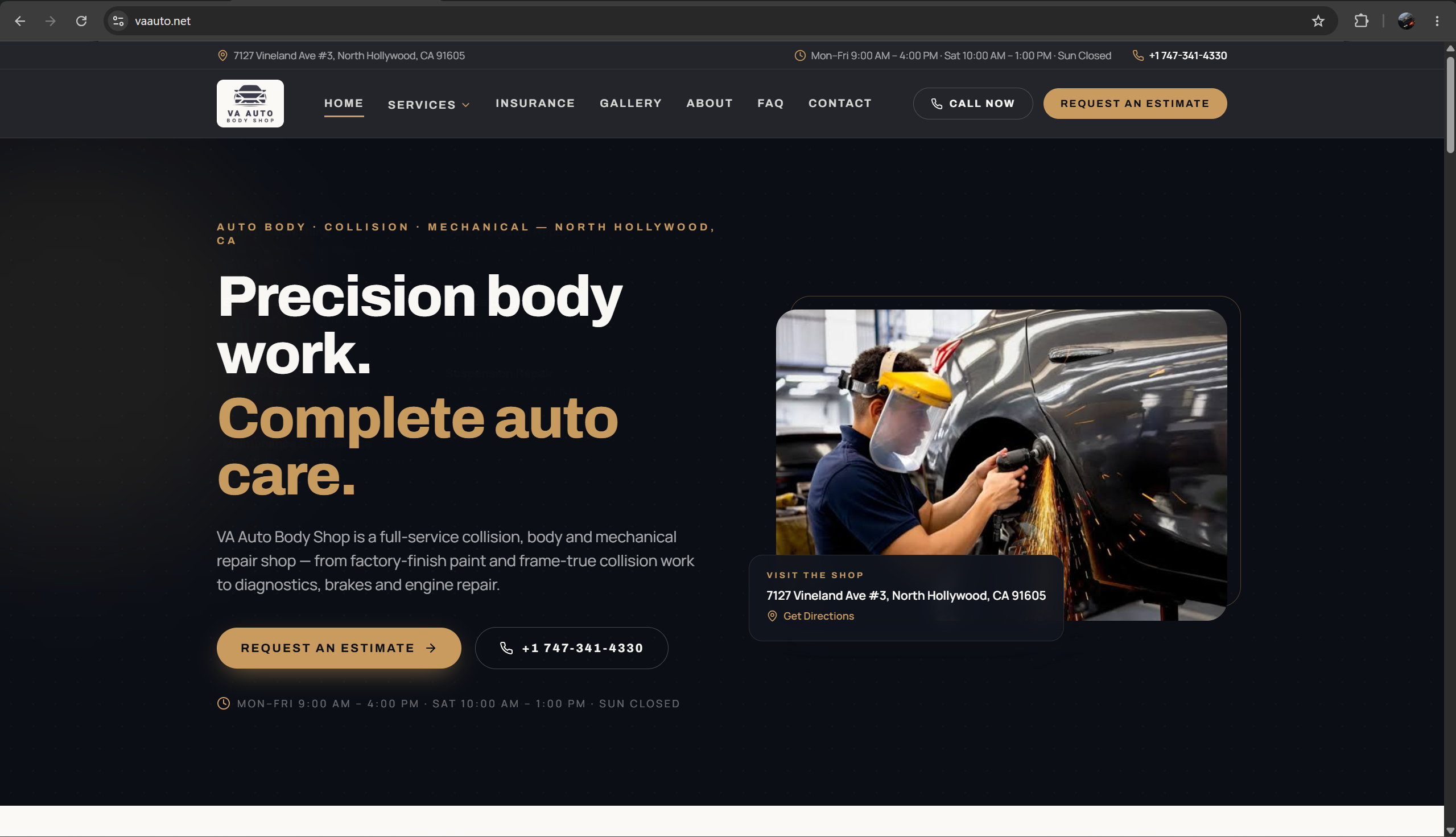 Премиальный многостраничный сайт для автосервиса в США: VA Auto Body Shop — Next.js, TypeScript, статический экспорт