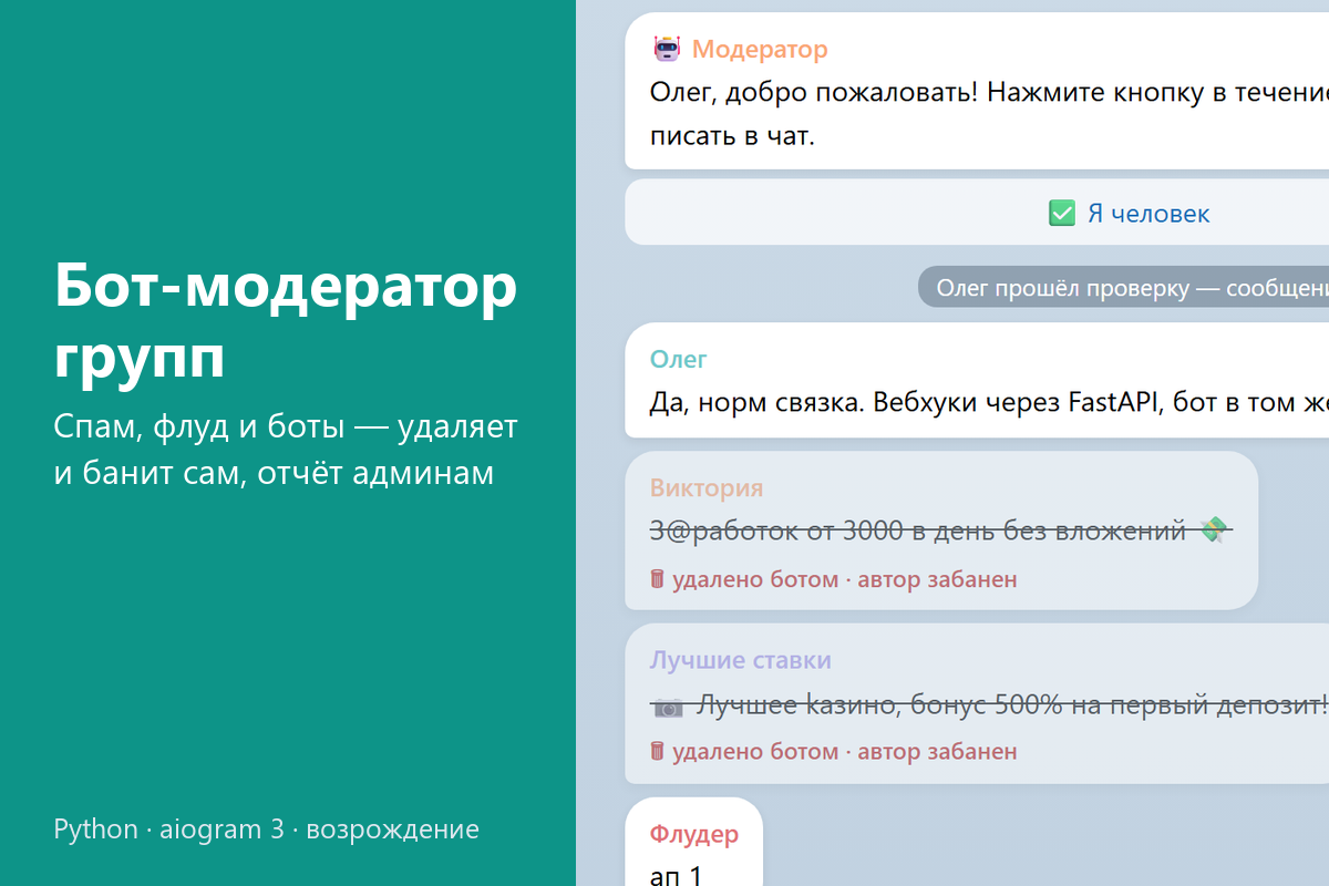 Бот-модератор Telegram-групп: возрождение заброшенного проекта — капча, антифлуд, защита от подмены букв, бан спамеров по имени, отчёты админам