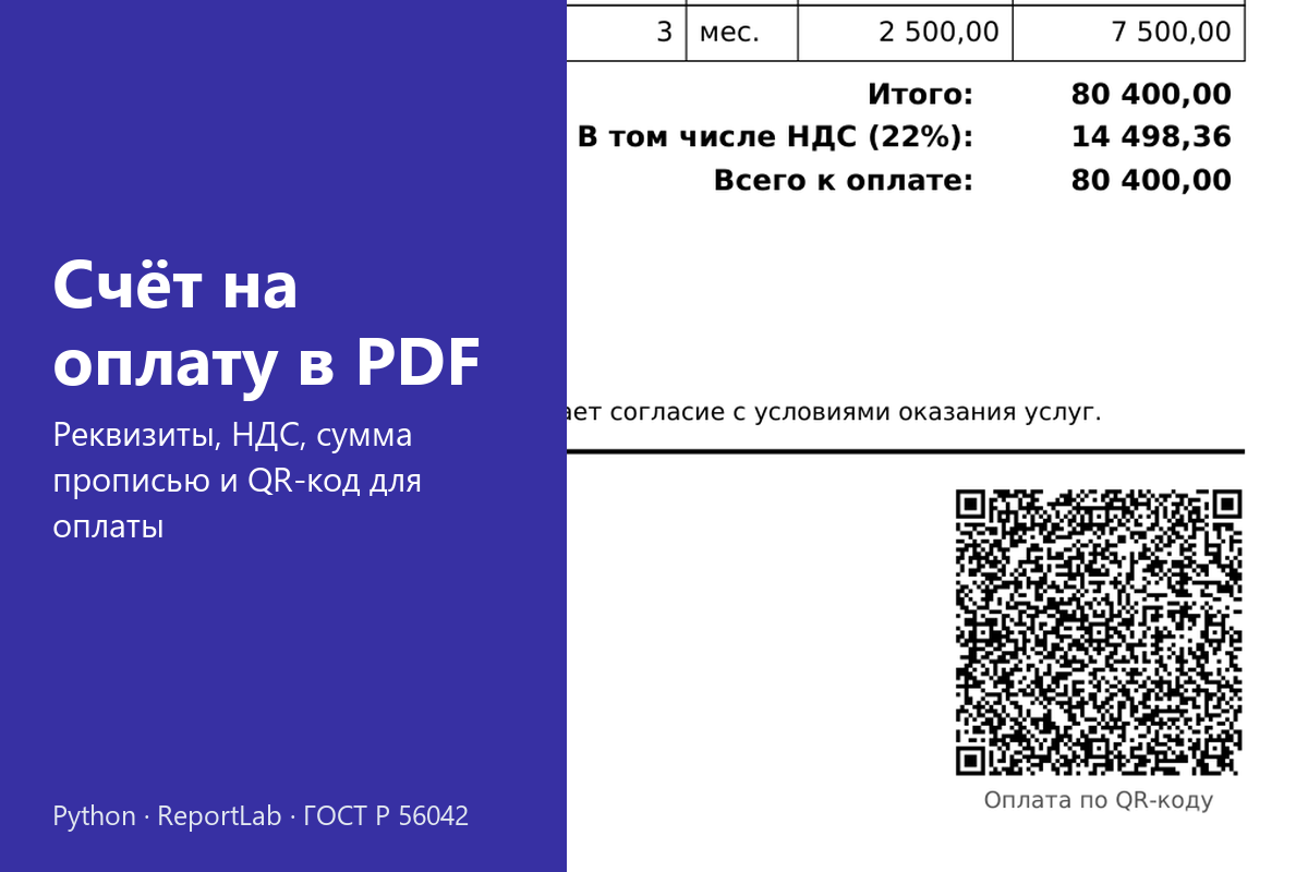 Генератор PDF-счетов на оплату: банковские реквизиты, НДС, сумма прописью, QR-код для оплаты по ГОСТ и проверка ИНН, БИК и счетов