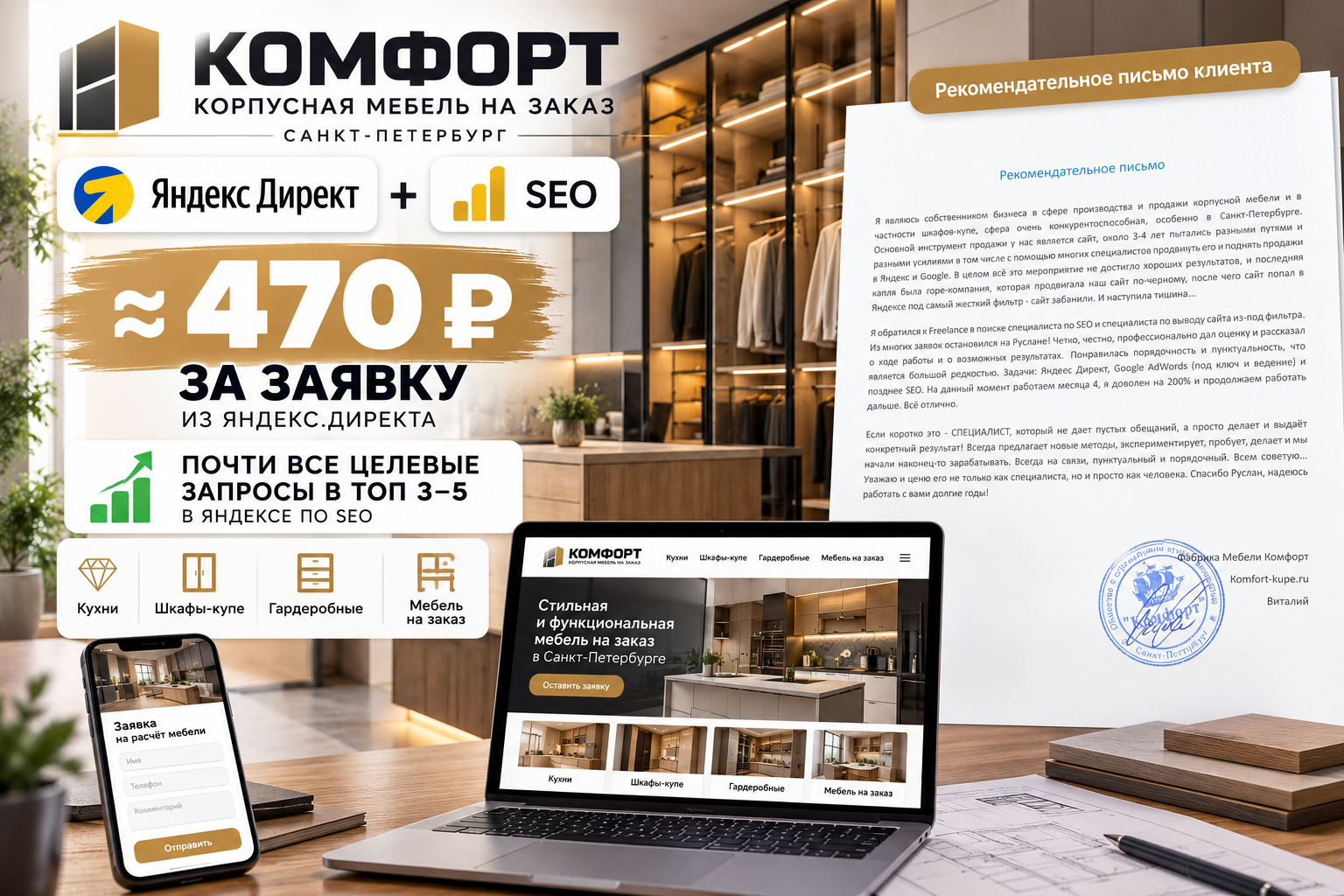 Яндекс Директ + SEO для мебельной фабрики — заявки ≈ 470 ₽