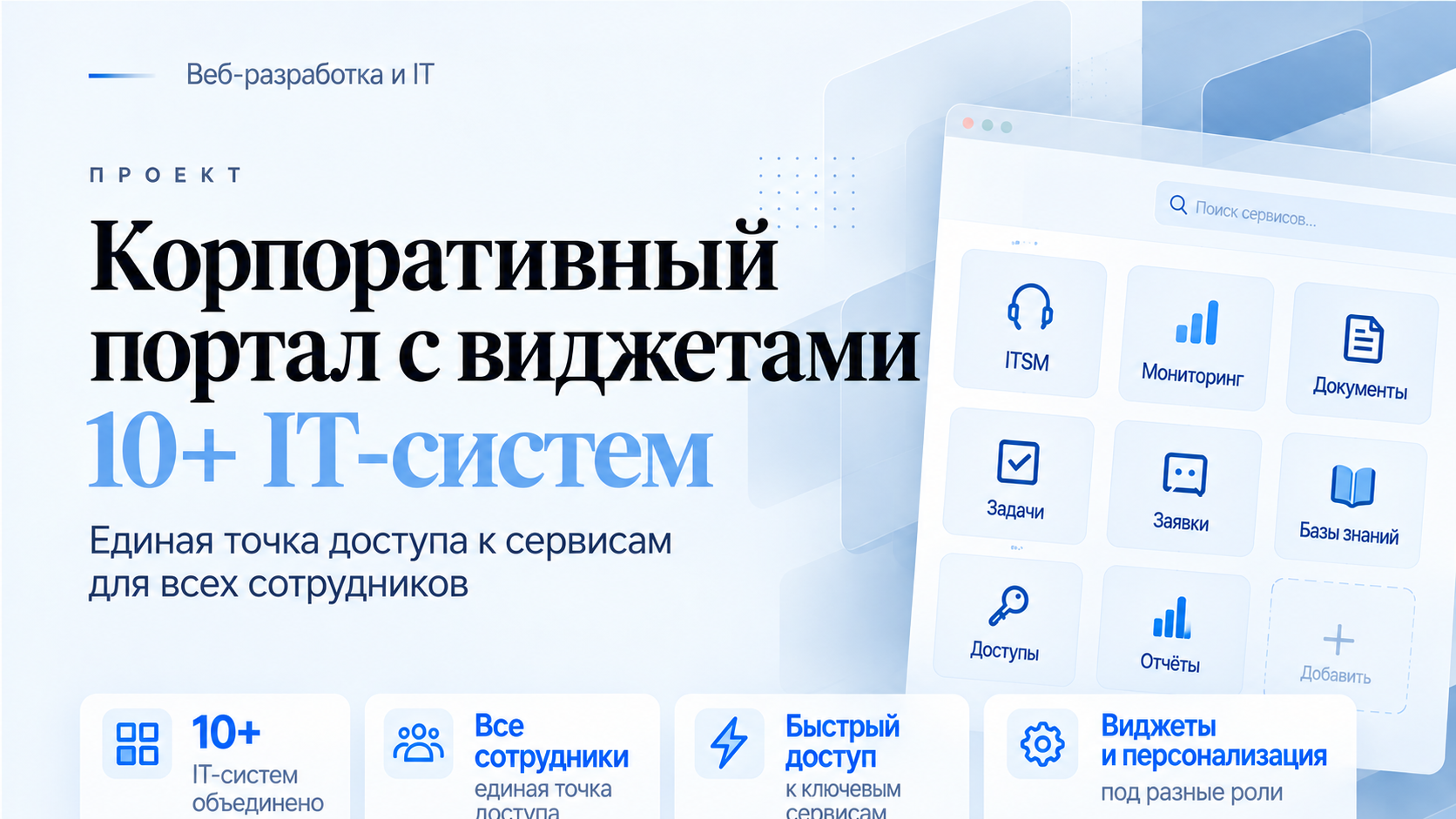 Корпоративный портал с виджетами, объединяющий 10+ IT-систем,