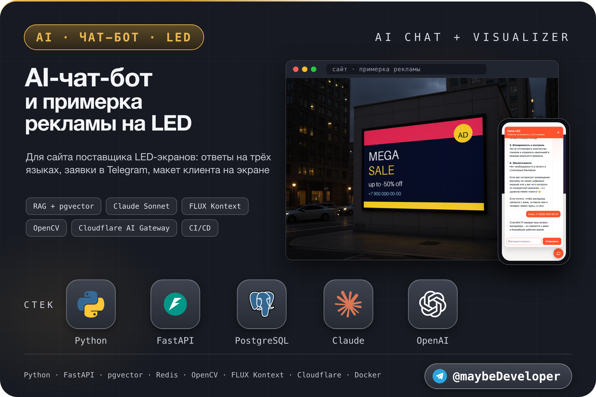 AI-чат-бот и AI-визуализация рекламы на LED-экране для сайта поставщика LED-экранов: RAG на трёх языках, заявки в Telegram, FLUX и проверка качества Claude. Python, FastAPI
