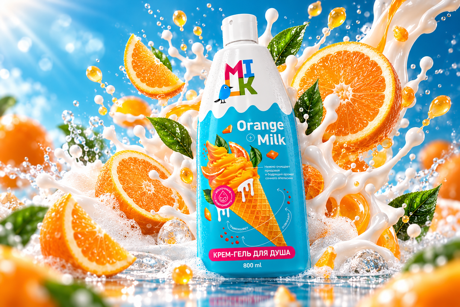 AI-реклама геля для душа Milk Orange | Предметная съёмка и видео