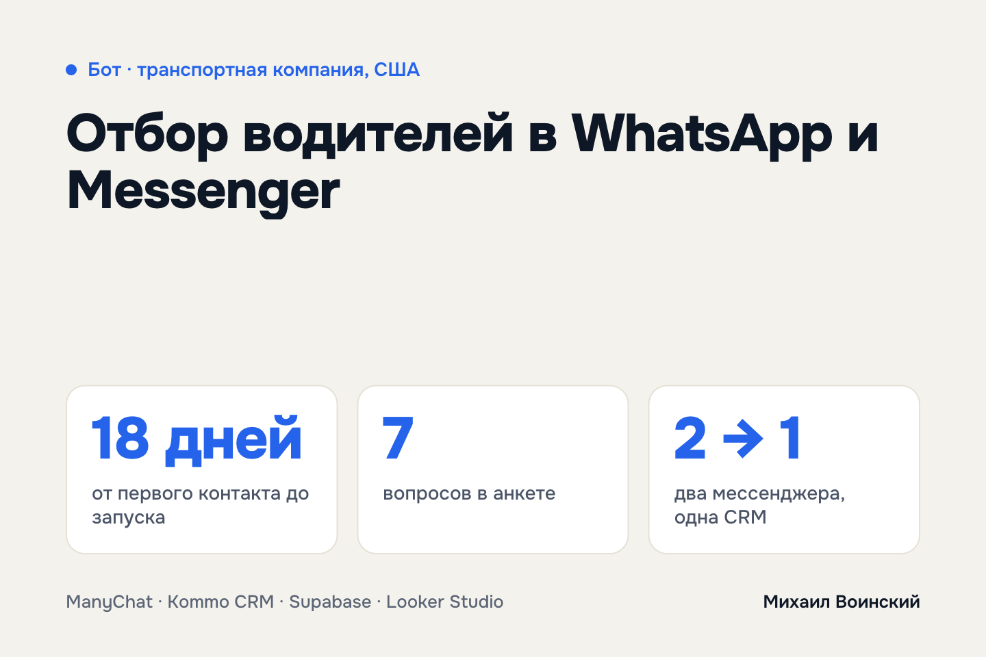 Бот отбора водителей в WhatsApp и Messenger: анкета, напоминания, передача в Kommo CRM и воронка в Looker Studio