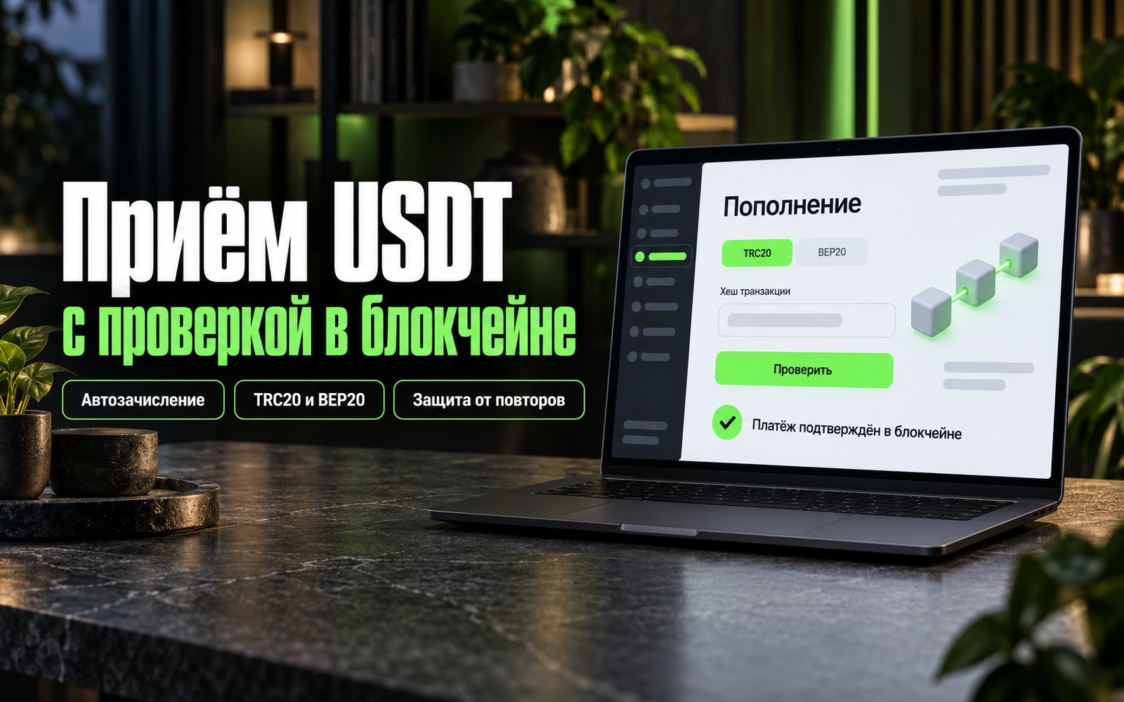 Платформа с личными кабинетами и автоматическим приёмом USDT: проверка платежей в блокчейне, выплаты, админка, Telegram-бот