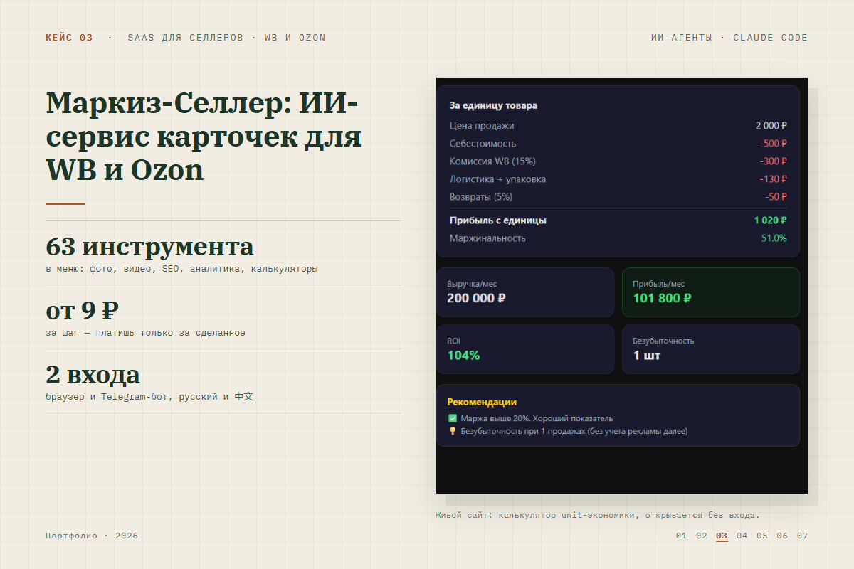 MarquisPro (Маркиз-Селлер): SaaS из 63 ИИ-инструментов для селлеров Wildberries и Ozon — сайт, Telegram-бот, оплата ЮKassa
