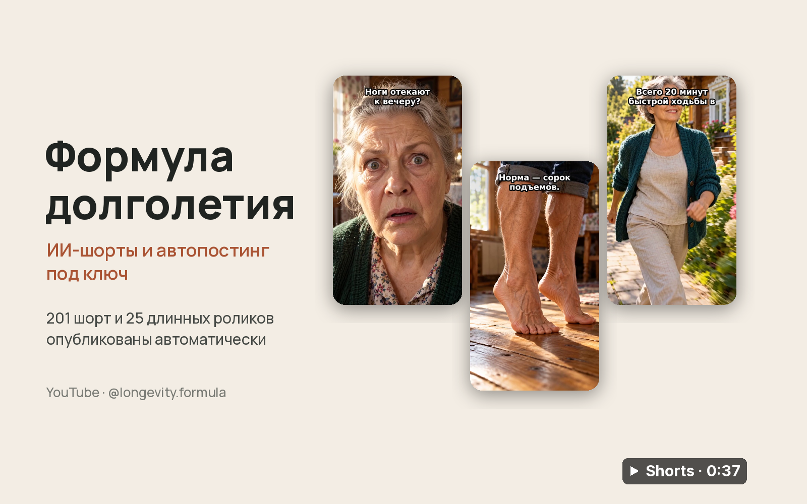 ИИ-шорты и автопостинг под ключ: YouTube-канал о здоровье «Формула долголетия» — 201 шорт и 25 длинных роликов без ручного монтажа
