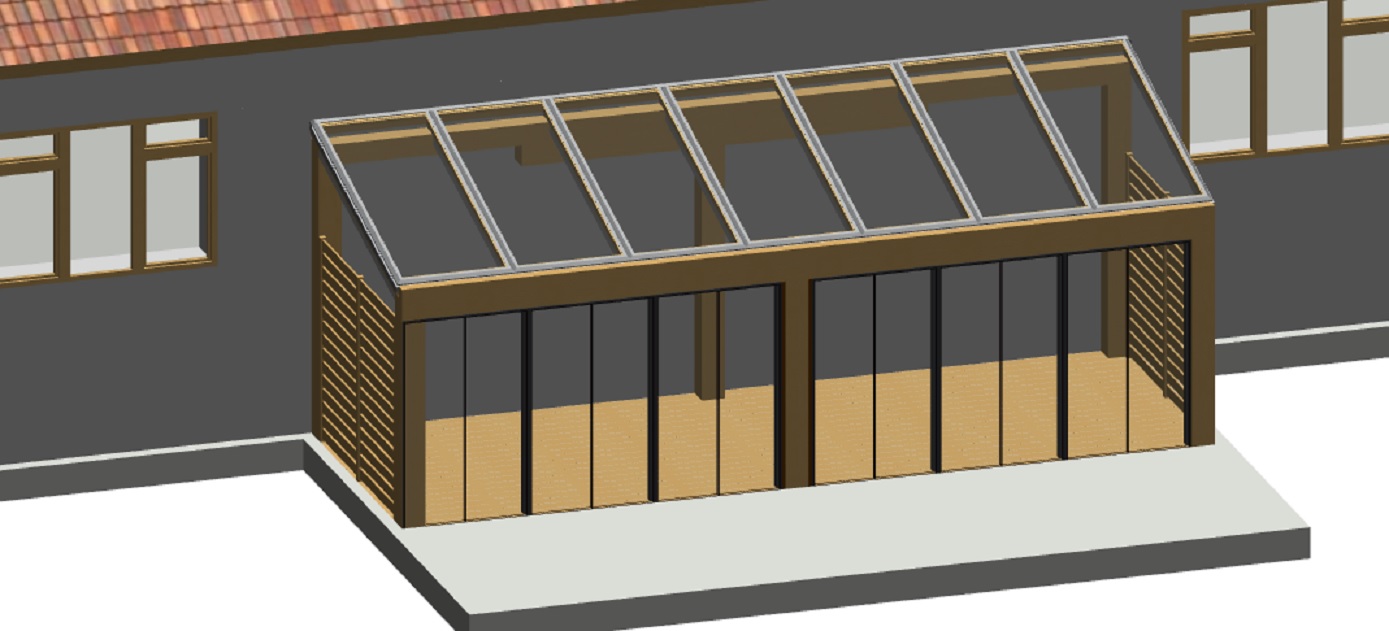 Пристроенное миникафе-беседка из триплекса на деревянном каркасе
