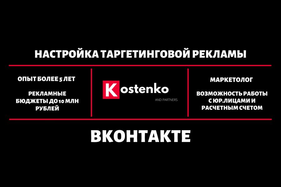 Настройка Таргета Вконтакте + 1 месяц Ведения и Оптимизации 20 000 руб.  за 12 дней.. ИП Костенко Максим Александрович (Костенко и Партнёры)