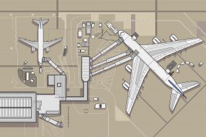 Modern Airport terminal plane aircraft vector illustration line 