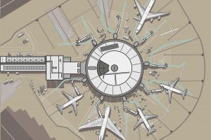 Modern round Airport terminal above view plane aircraft vector i