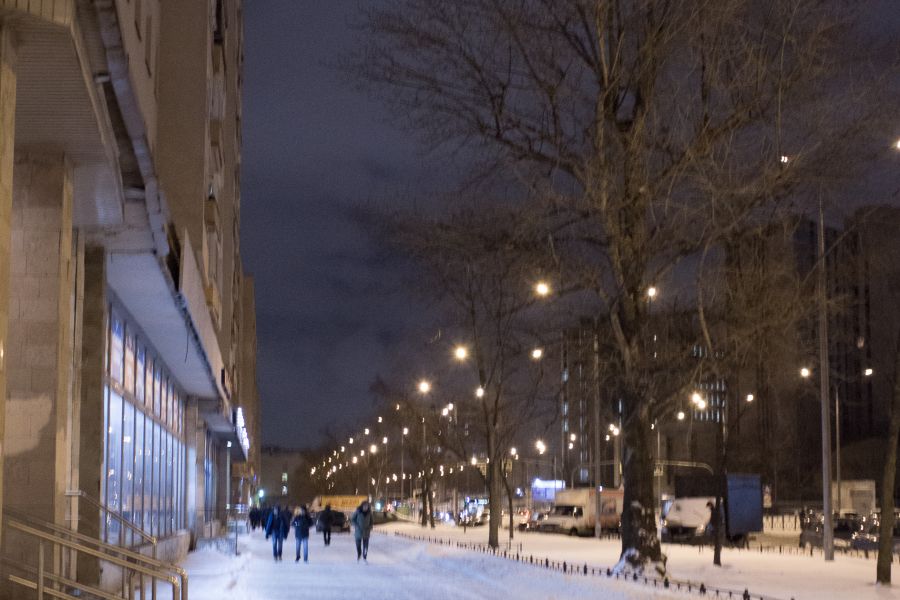 Продаю: Ночная улица зимой, деревья и дома, прохожие в зимней одежде, улица Одоевского -   товар id:8930