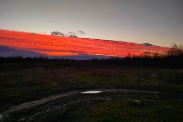 Необычный осенний закат в деревне над лесом и лужами
