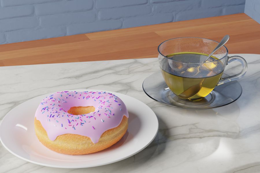 Продаю: 3d реалестичная модель пончика и чая на мраморном столе (Кафе)   -   товар id:10062
