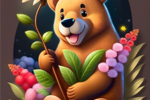 Smiling bear with a bouquet of flowers