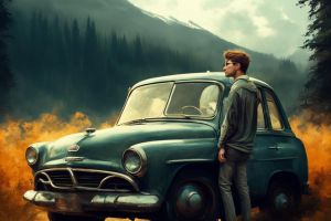 парень машина природа