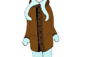 Teenage girl in a brown straight coat, azure warm trousers, mitt