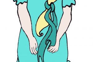 Plump young girl with a long lush golden braid with a ribbon in 