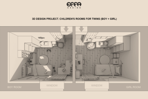2,5D план детских комнат для близнецов (мальчик+девочка).