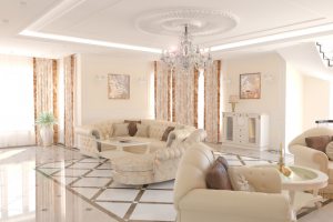 Гостиная комната с камином.