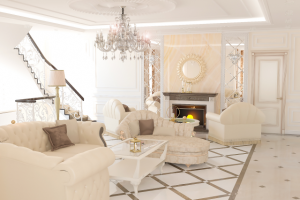 Гостиная комната с камином.