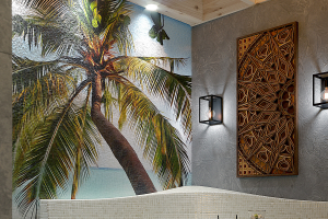 Виз интерьера сауны с бассейном и горизонтальным душем