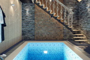 Виз интерьера сауны с бассейном и горизонтальным душем