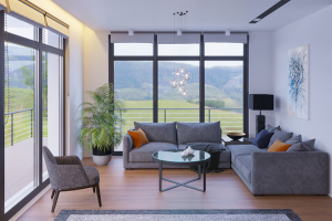 Интерьер дома в Крыму с видом на горы.