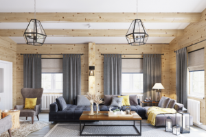 Гостиная с камином в доме из лафета