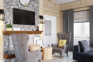 Гостиная с камином в доме из лафета