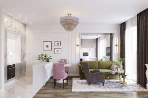 Кухня-гостиная в квартире с панорамными окнами