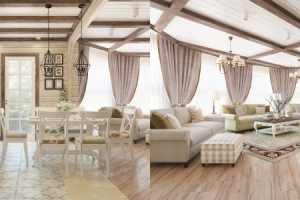 Дизайн кухни-гостиной в доме из клееного бруса