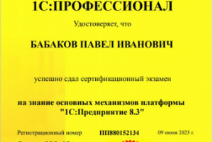 Сертификат 1С профессионал