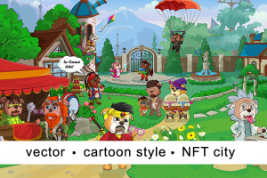 Вектор. Презентация NFT городка с персонажами и атрибутами