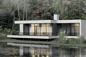 Визуализация дома у озера в тумане