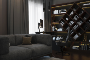 Рабочий кабинет в частном доме с уникальным шкафом