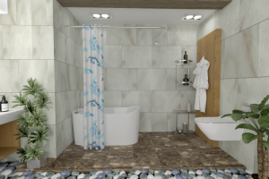 интерьер ванной с карнизом для штор