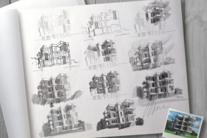 Показательные условные наброски на тему арх объекта с разной