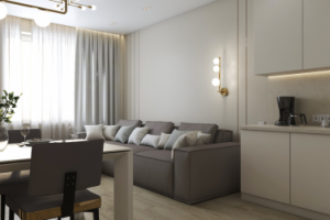 Кухня гостиная, минималистичный дизайн