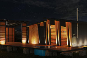 Благоустроенная территория бани с беседкой, ночной вариант