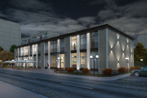 Торгово-офисное здание, вечерний вид.