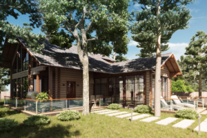 Эскизный проект дома с баней и бассейном, визуализация.