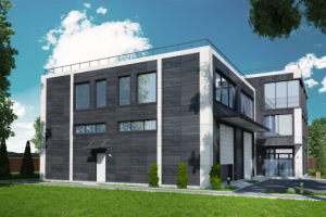 Визуализация дома с офисом и гаражами.