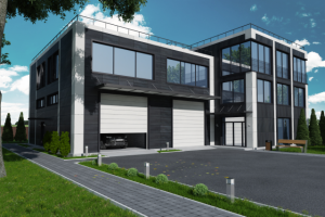 Визуализация дома с офисом и гаражами.
