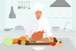 Иллюстрация в стиле FLAT, "Повар на кухне" планшет.