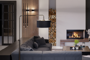 Гостиная с камином и кухней в темных тонах