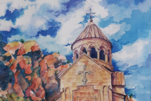 Картина акварелью. Церковь Нораванк. Армения