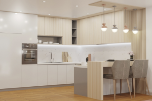 Дизайн и 3D-визуализация кухни-гостиной в квартире для молодой девушки