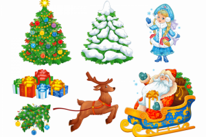 Дед Мороз, Снегурочка и новогодние элементы. Вектор