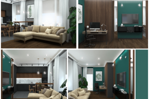 Кухня-гостиная черная с изумрудным